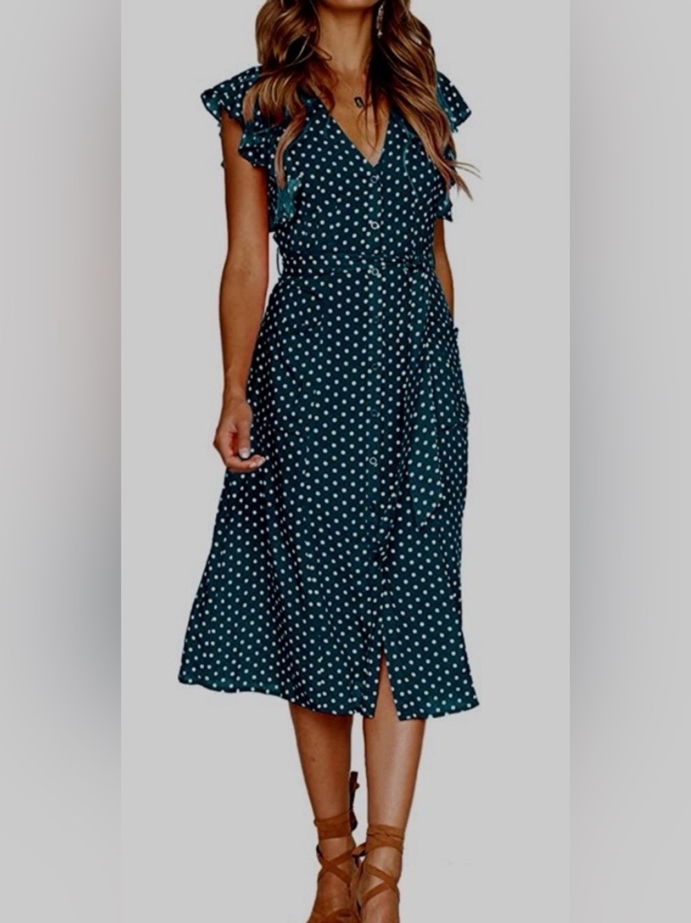 NWOT Navy Blue and White Polka Dot Midi Dress with Flutter Sleeves / Medium